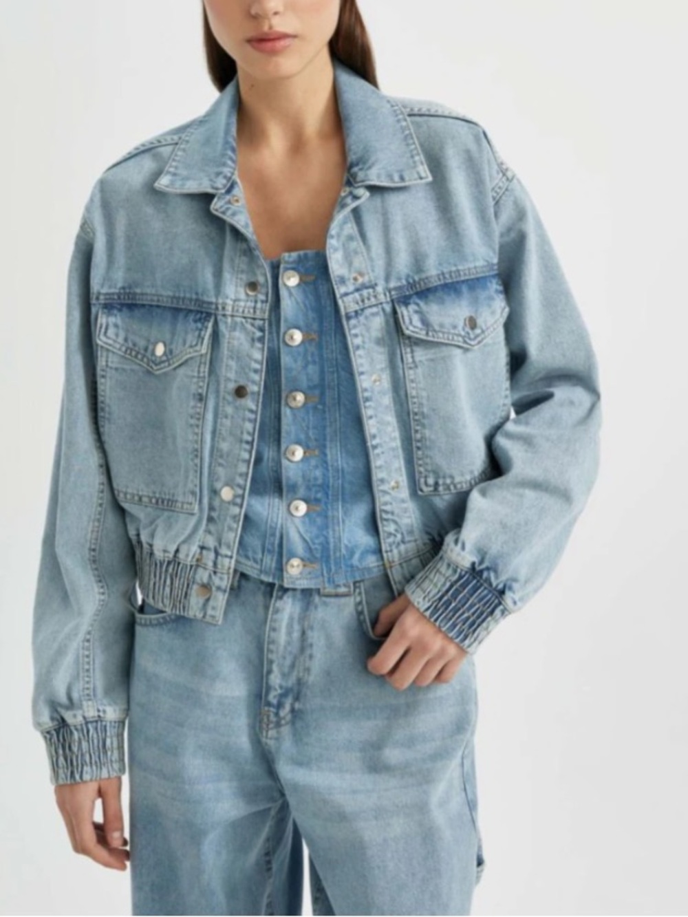 BLANK NYC light wash denim bomber jacket boxy cropped utility sz s